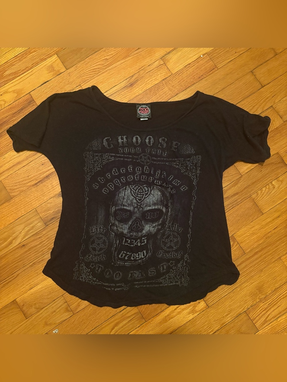 Too Fast woman’s Black Short Sleeve Tee with Skull Graphic